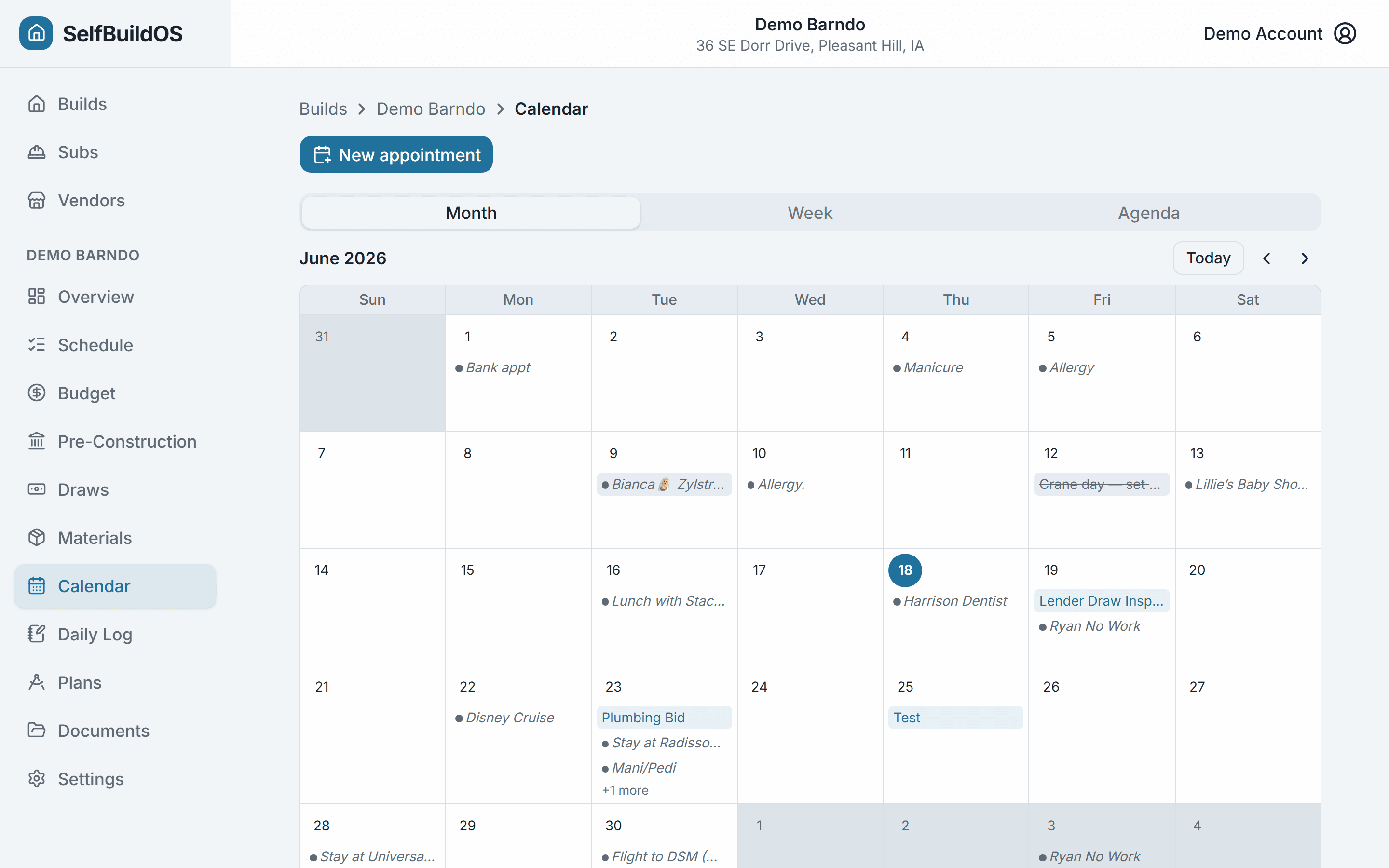 Build calendar with appointments and inspections