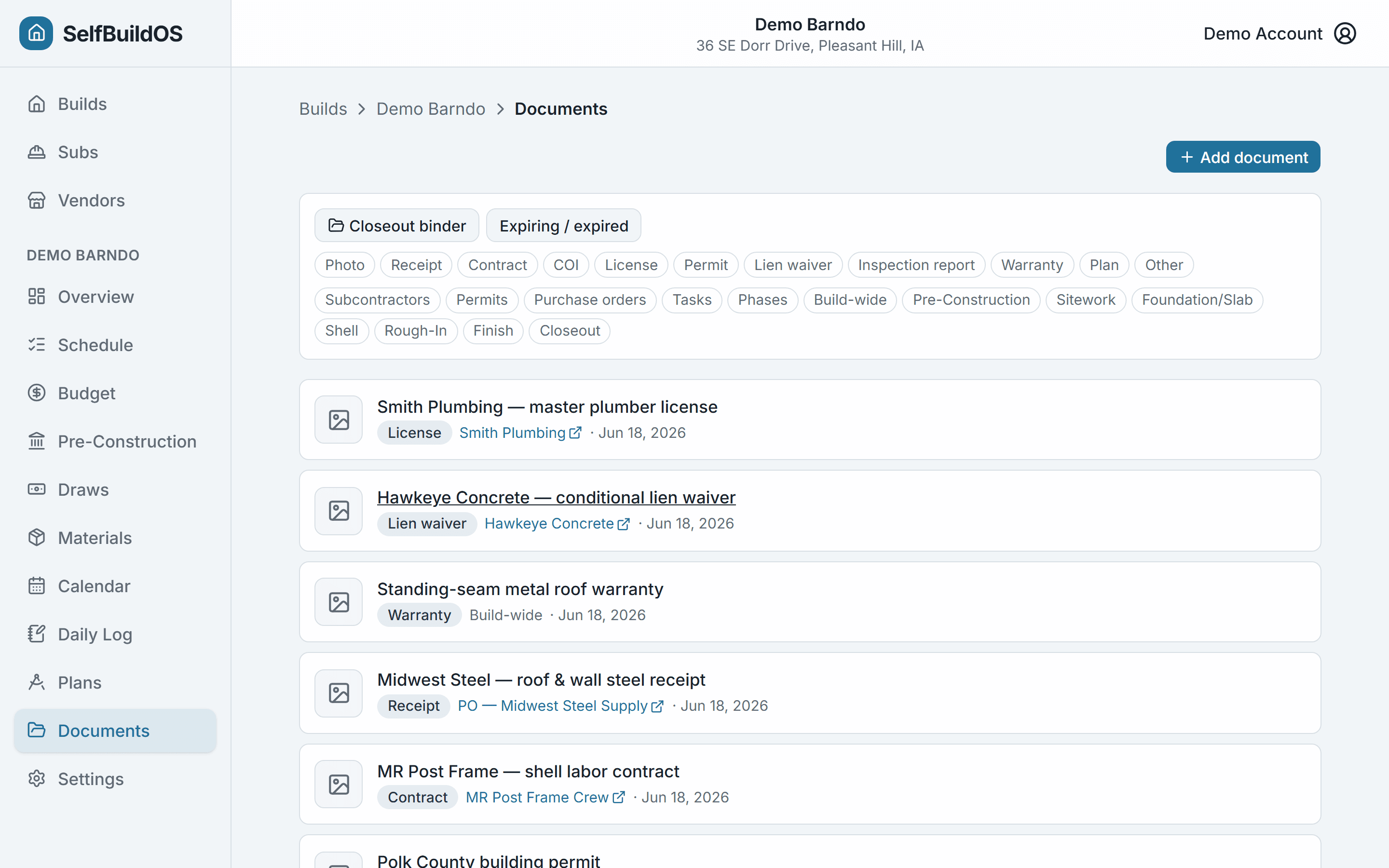 Document store with type badges, linked entities, and expiry chips