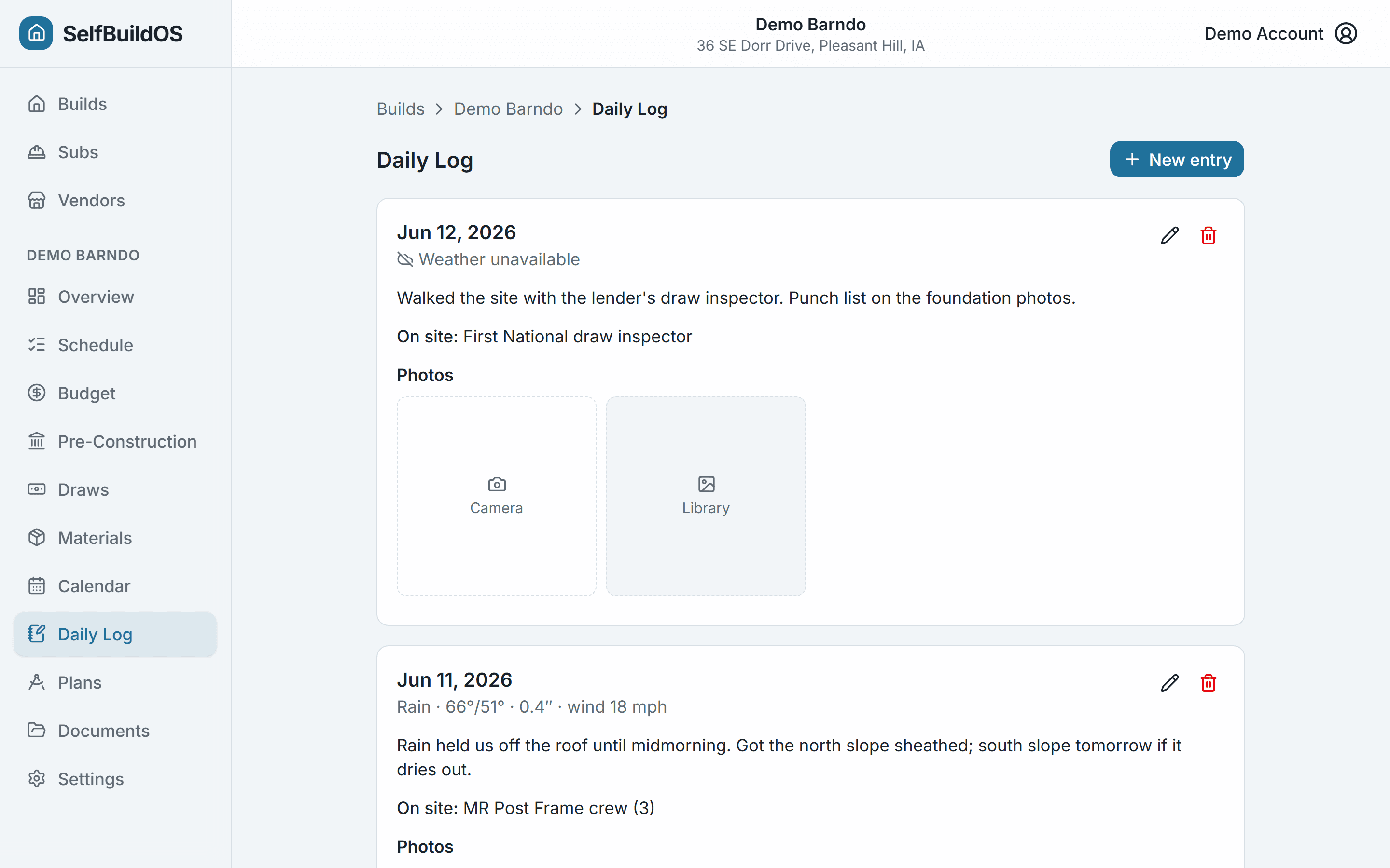 Daily log entries with weather snapshots and photos