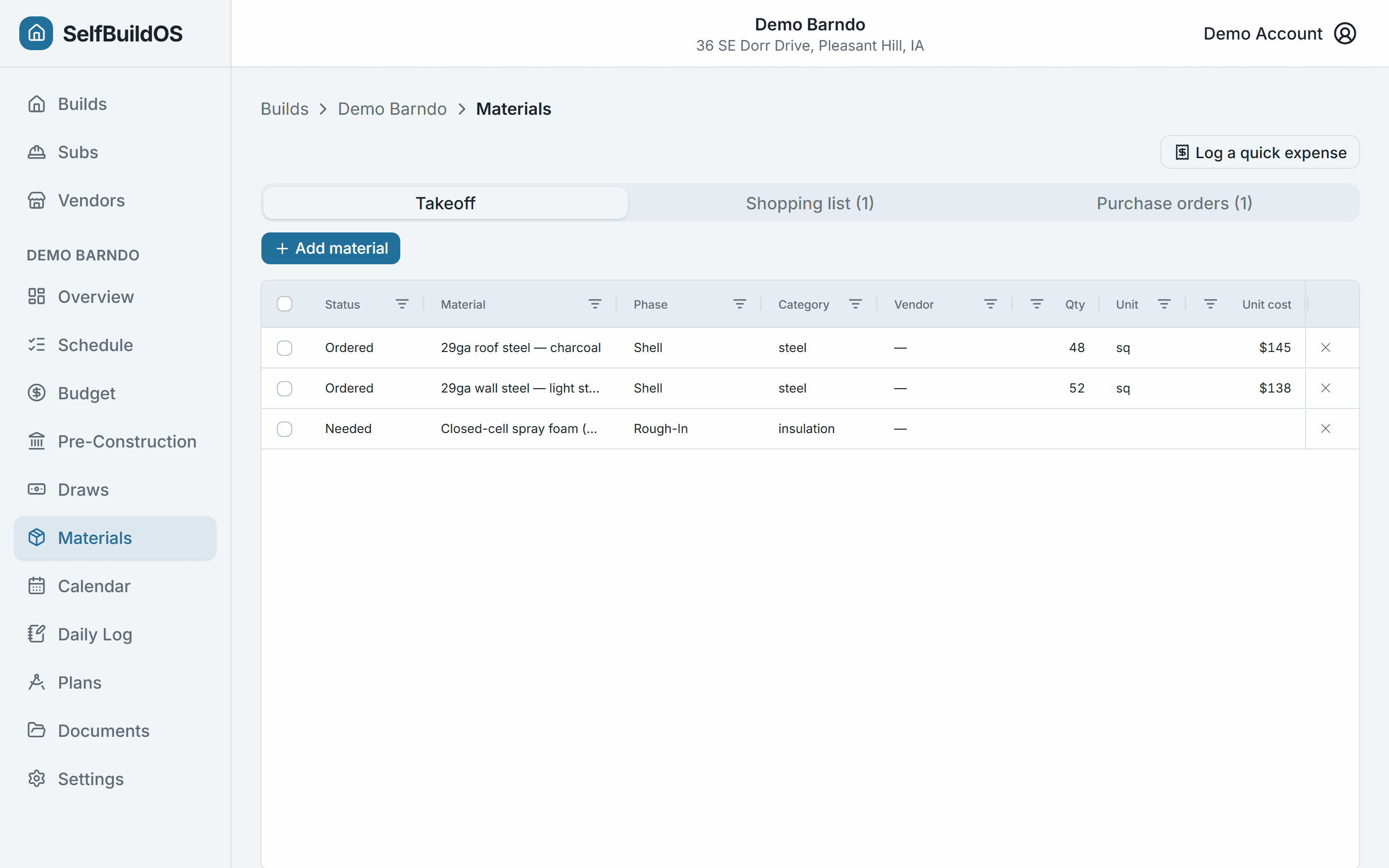 Materials takeoff grid and purchase orders