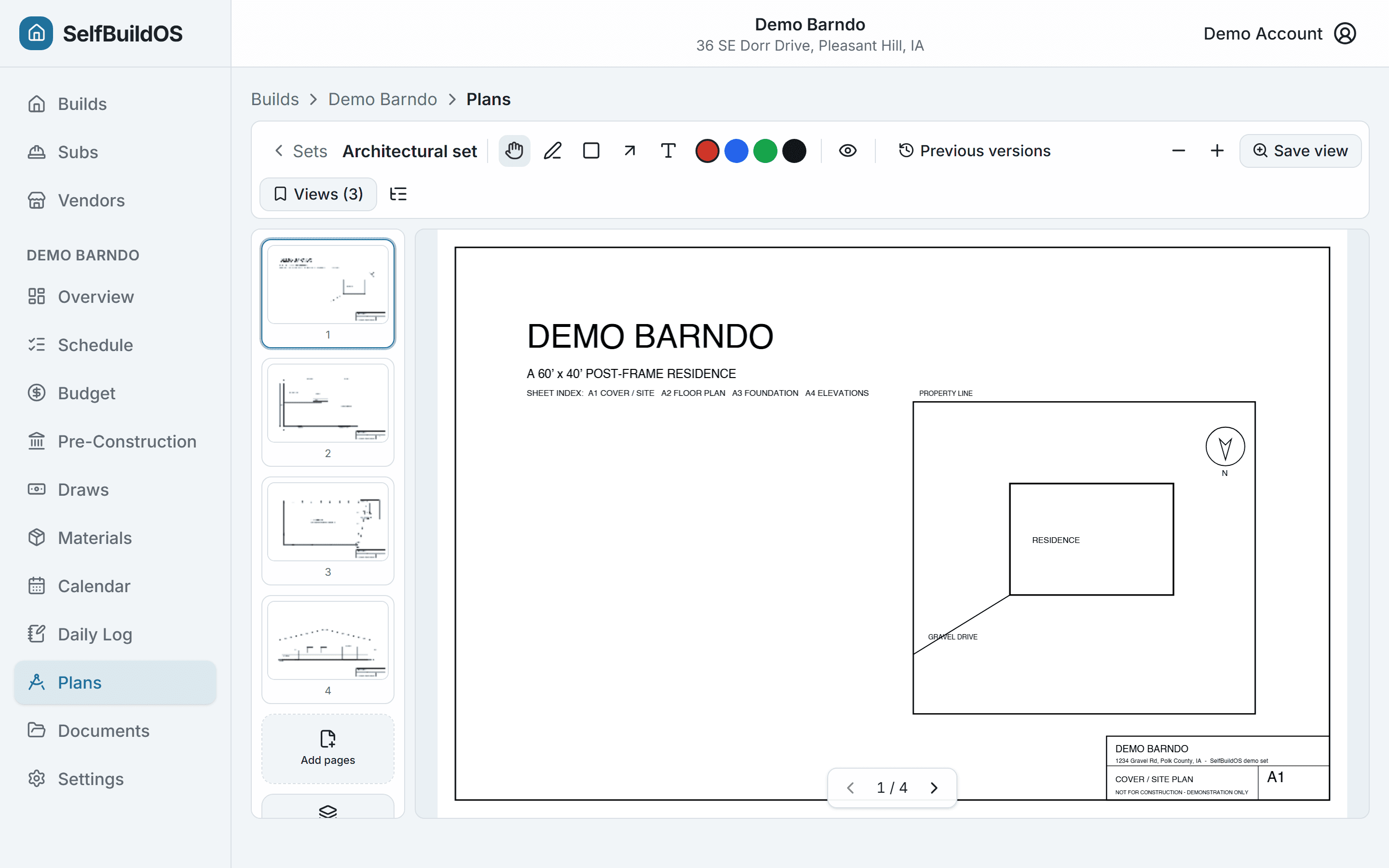 Plan viewer with annotation toolbar, thumbnail rail, and a rendered sheet