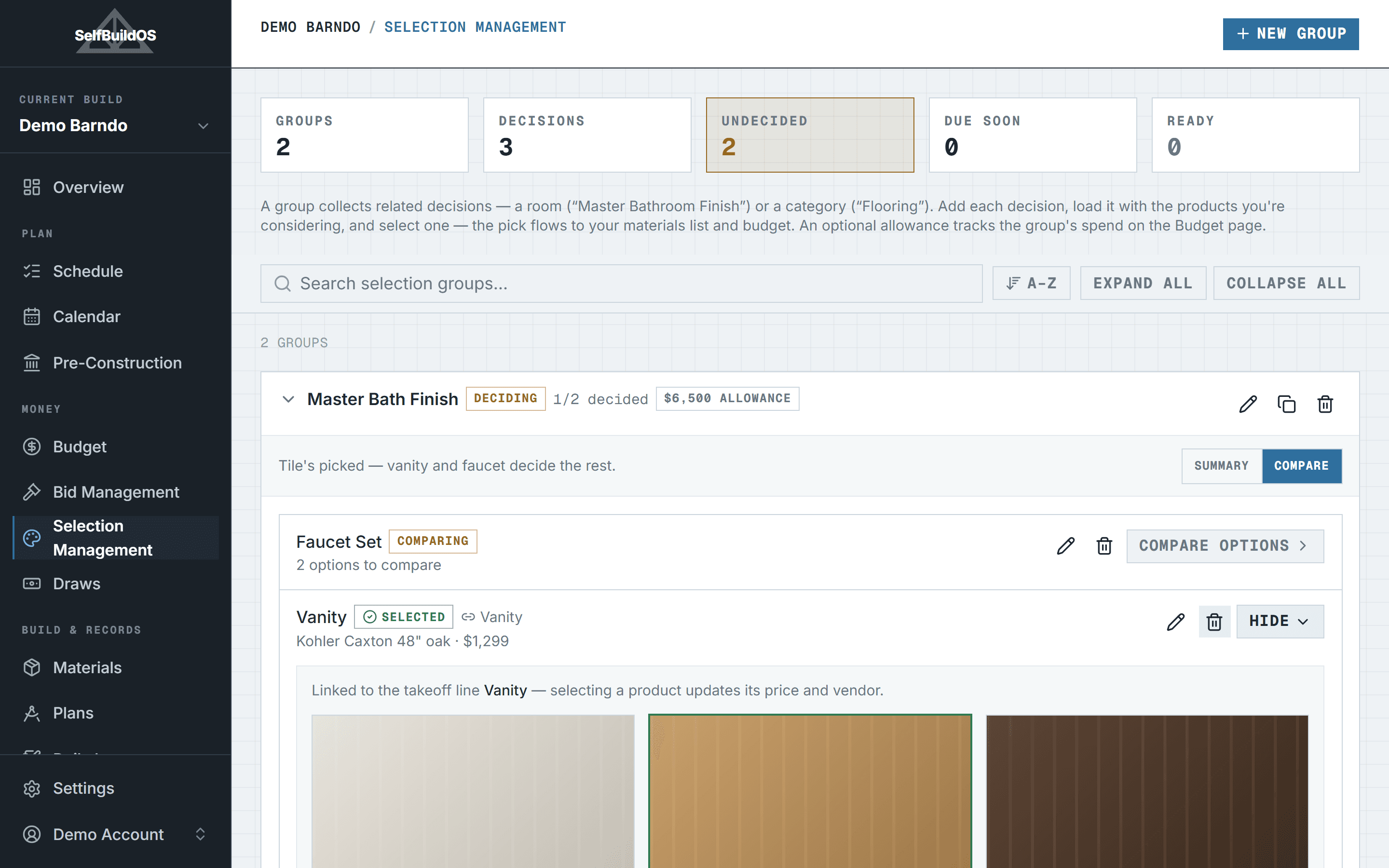 Selection Management with a decided vanity and side-by-side product option cards