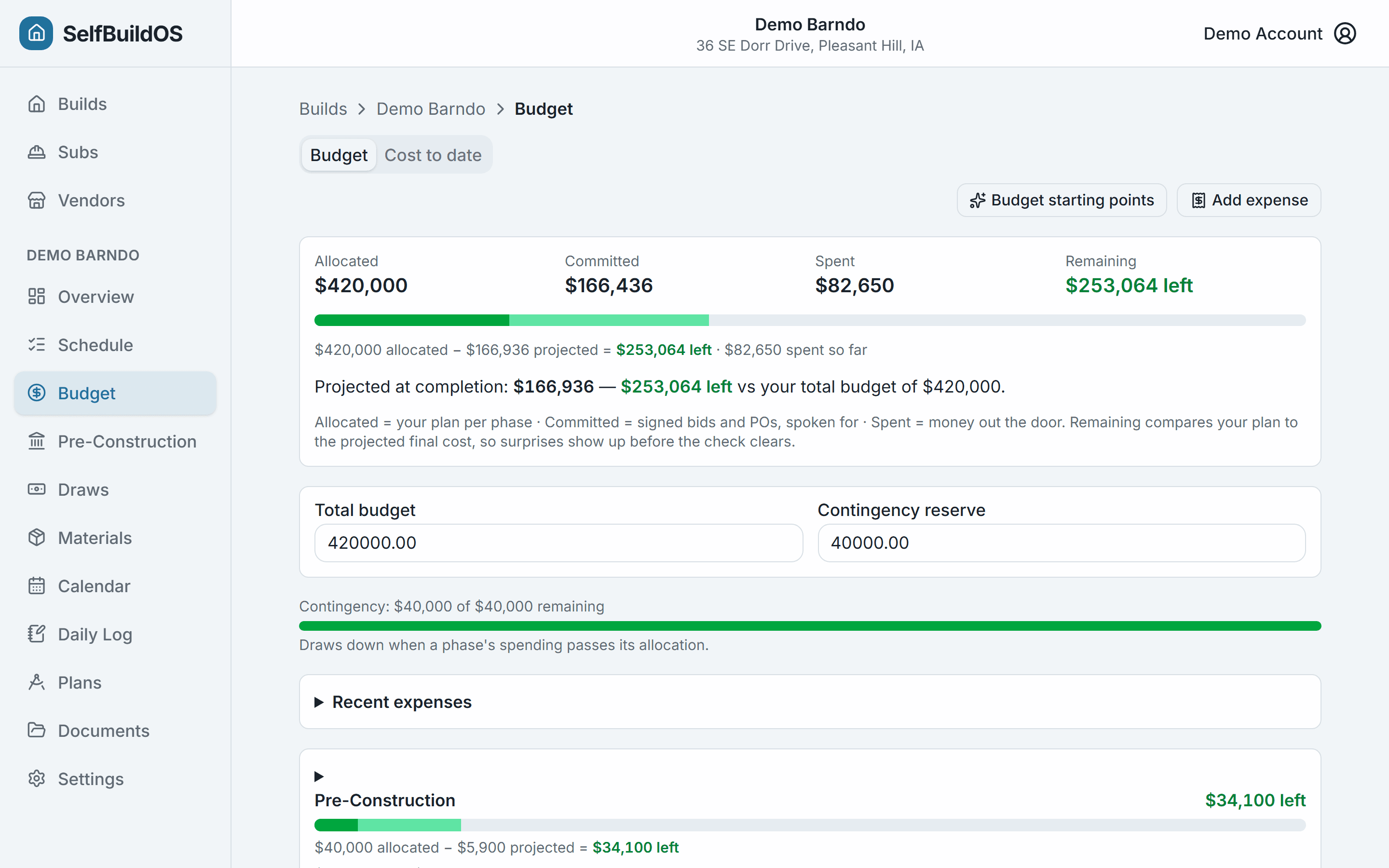 Budget screen with allocated, committed, and actual per phase