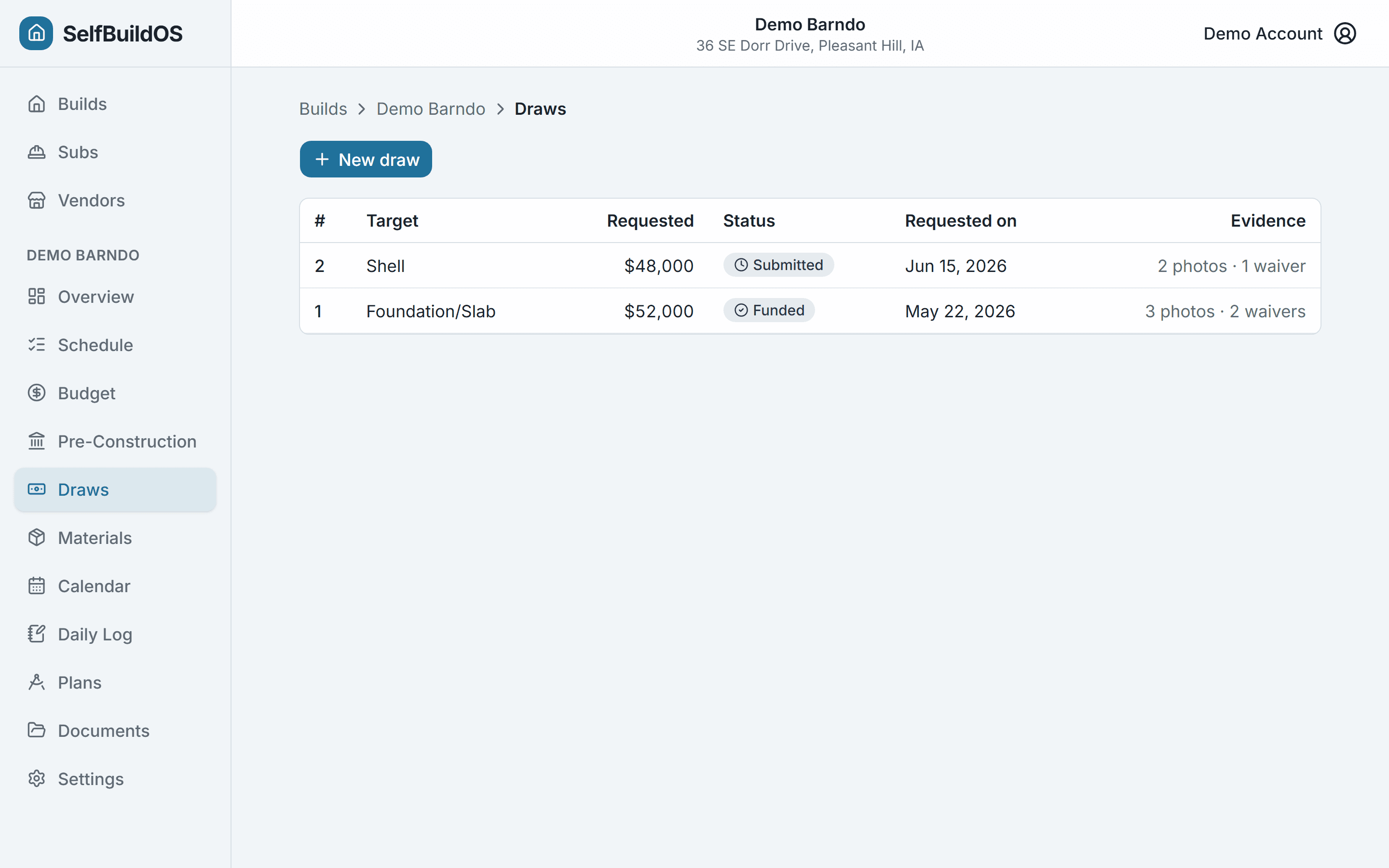 Construction loan draws list with status, requested amount, and evidence counts
